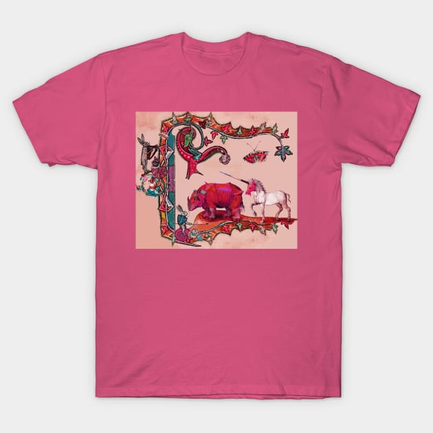 WEIRD MEDIEVAL BESTIARY IN PINK, DRAGON,UNICORN ,RHINO AND KILLER RABBIT T-Shirt by BulganLumini